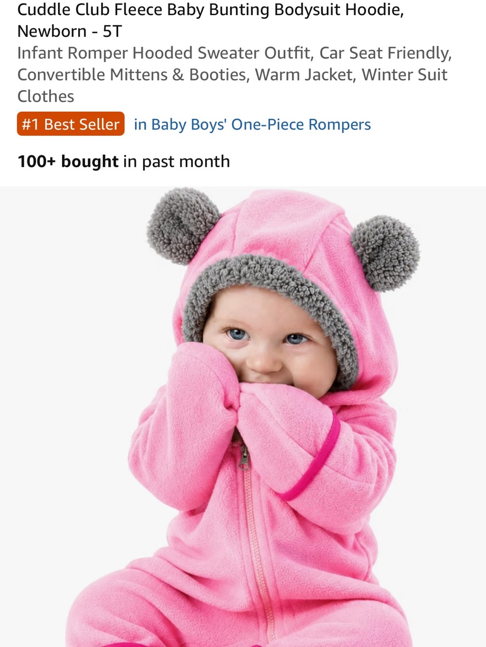 Cuddle Club Bear Fleece Bunting Hooded Footie pink 6-12 Months